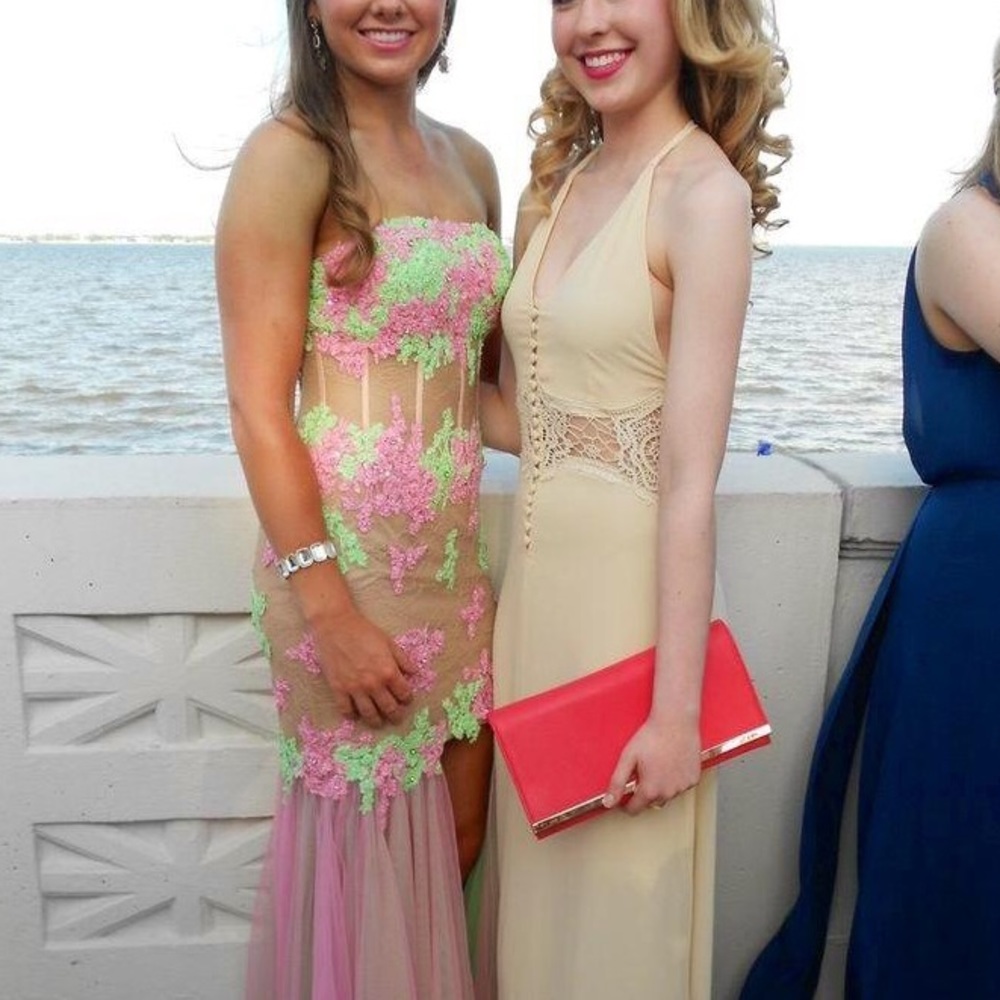 Long tan dress with appliqué center cut out